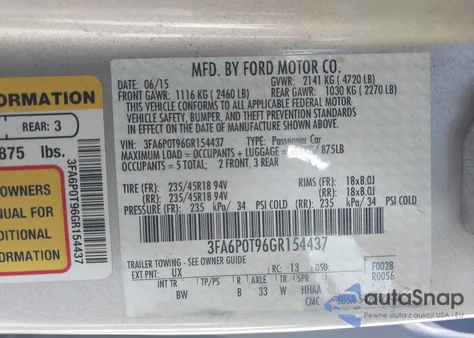 2016 Ford Fusion Se z USA, uszkodzony, nr VIN 3FA6P0T96GR154437